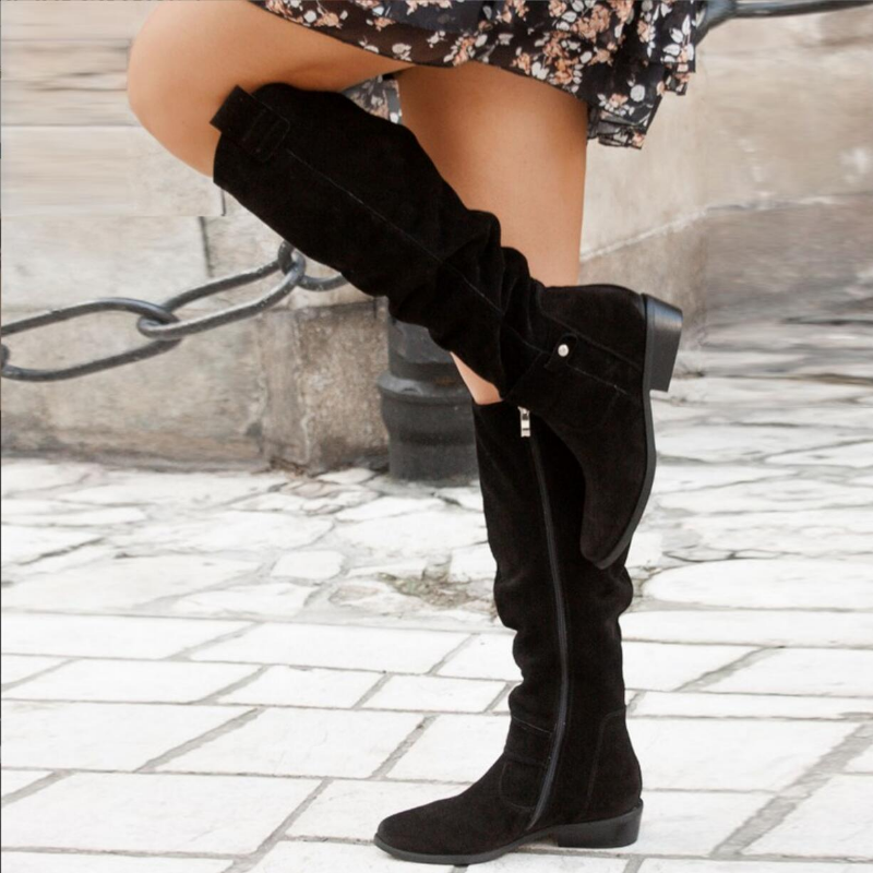 Women's Knee-High Boots – Suede – Low Heel – Zipper – Buckle Detail