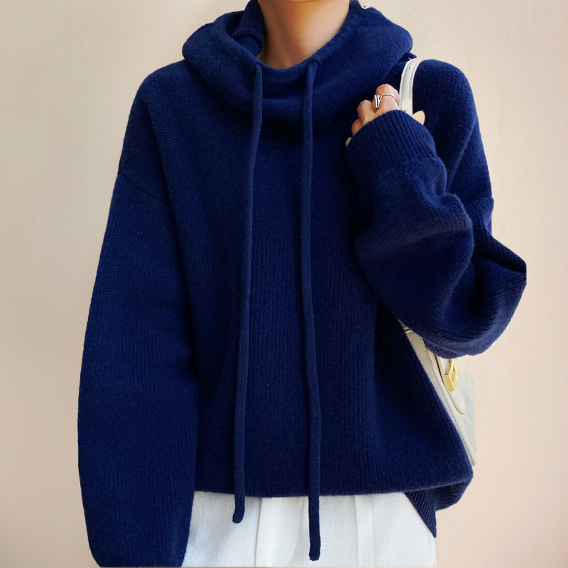 Women's Knit Sweater - Oversized Fit - High Collar with Drawstring - Soft Long Sleeves
