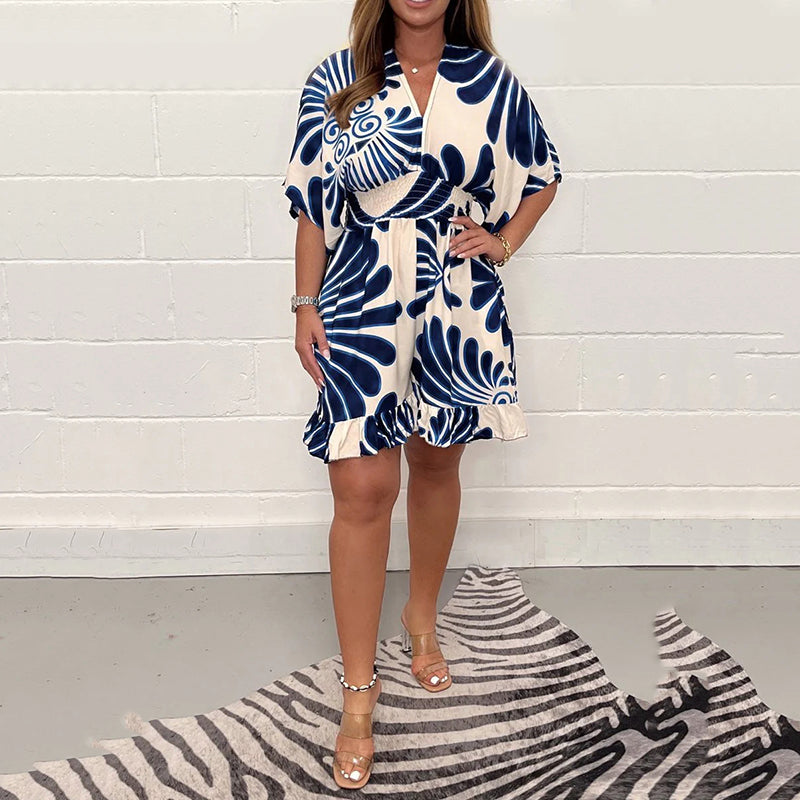 Women's Romper - Loose Fit - V-Neck - Short Sleeves - Waist-Fitted Comfort Design