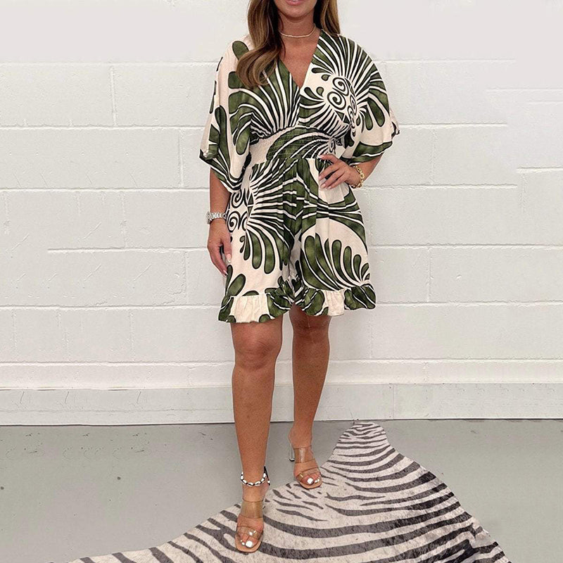 Women's Romper - Loose Fit - V-Neck - Short Sleeves - Waist-Fitted Comfort Design