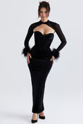 Women's Maxi Dress – Tailored Velvet – Corset Bodice – Transparent Sleeves – Feather Edges