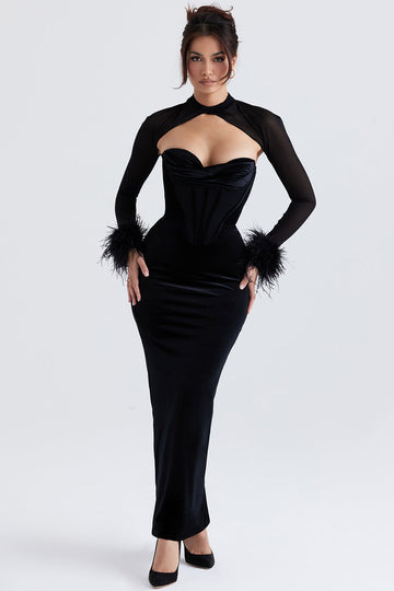 Velvet Corset Bodice Feather Edge Maxi Dress