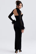 Women's Maxi Dress – Tailored Velvet – Corset Bodice – Transparent Sleeves – Feather Edges