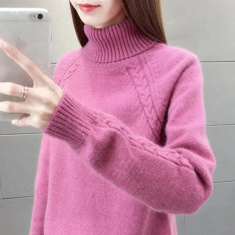 Women's Turtleneck Sweater - Wool Blend - Cable Knit - Relaxed Fit - Long Sleeve