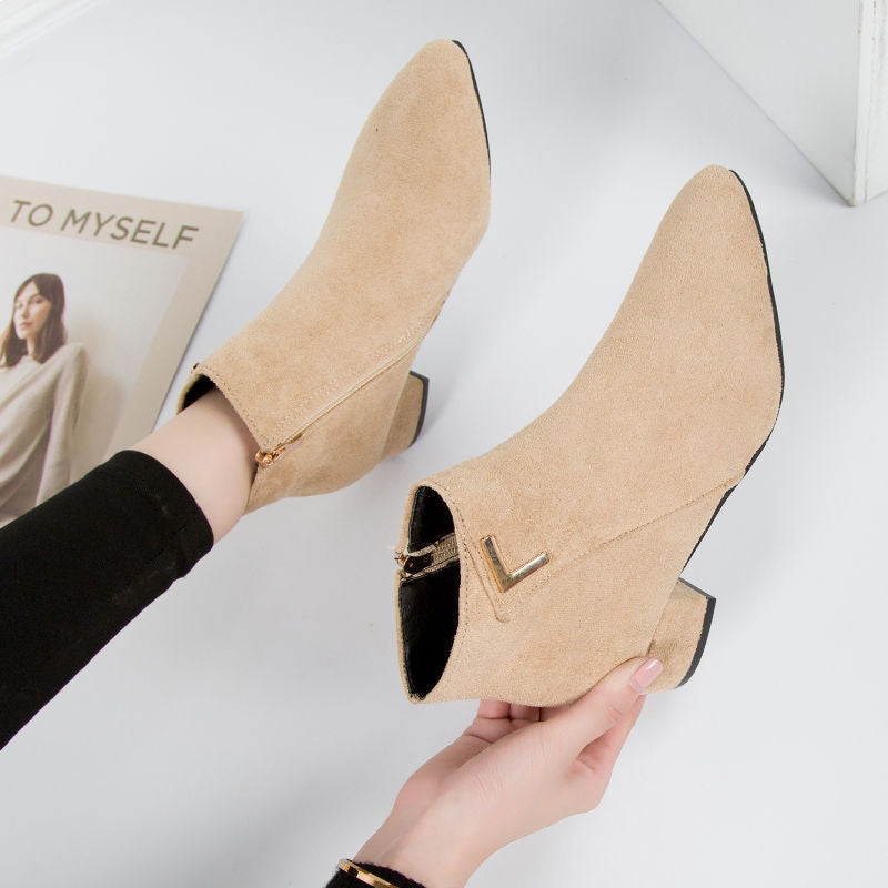 Suede-like Pointed Toe Block Heel Ankle Boots