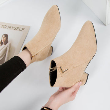 Suede-like Pointed Toe Block Heel Ankle Boots