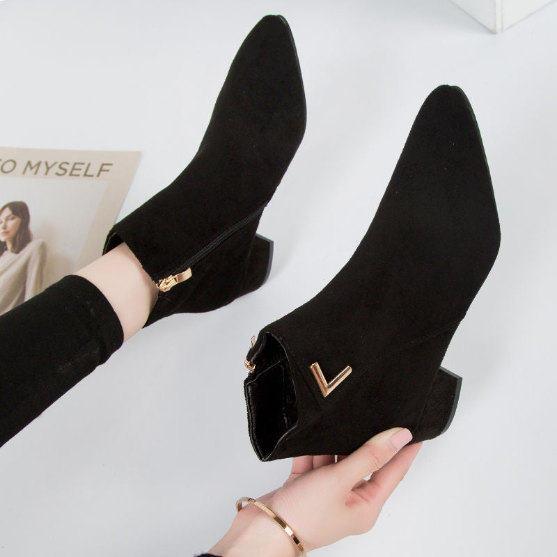 Suede-like Pointed Toe Block Heel Ankle Boots