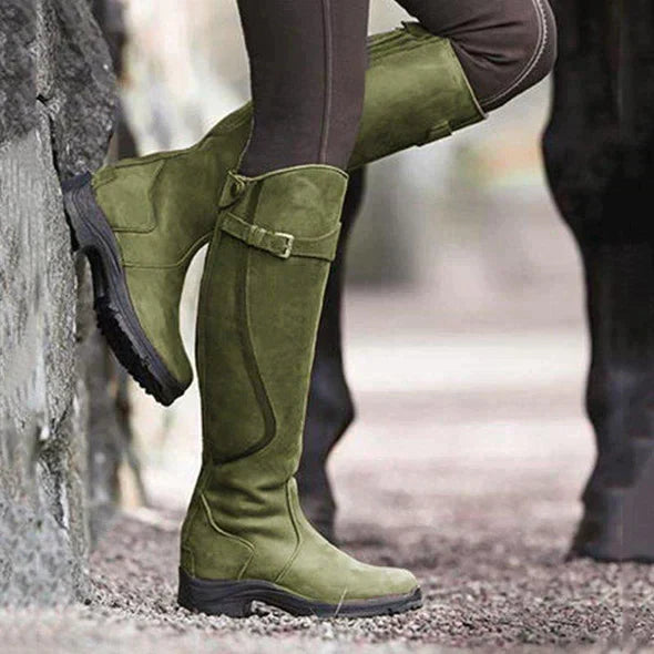Women's Leather Boots – Knee-High – Waterproof – Buckle – Non-Slip Outsole