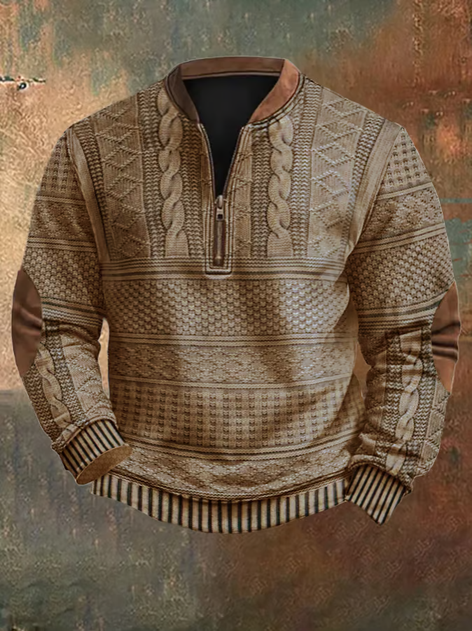 Men's Knit Sweater - Half Zipper - Cable Knit Pattern - Ribbed Edges - Elbow Patches