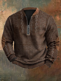Men's Knit Sweater - Half Zipper - Cable Knit Pattern - Ribbed Edges - Elbow Patches