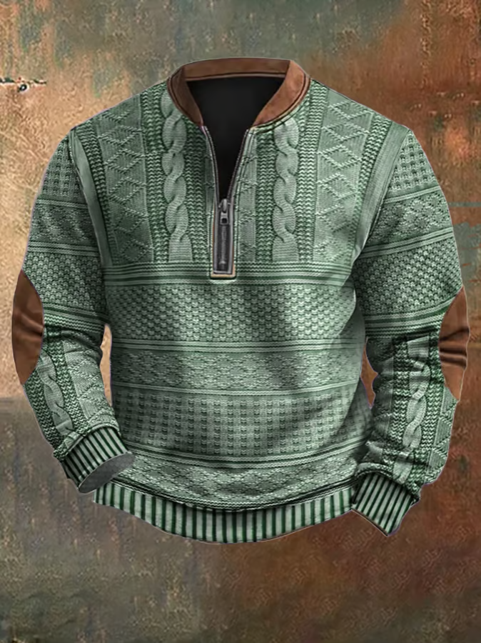 Men's Knit Sweater - Half Zipper - Cable Knit Pattern - Ribbed Edges - Elbow Patches