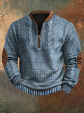 Men's Knit Sweater - Half Zipper - Cable Knit Pattern - Ribbed Edges - Elbow Patches