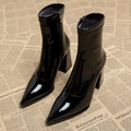 Women's Ankle Boots - Genuine Leather - Pointed Toe - Block Heel - Zipper Closure