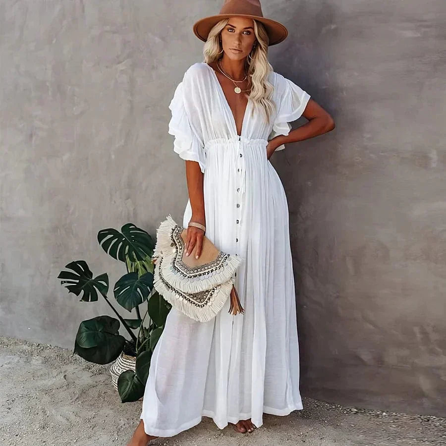 Women's Maxi Dress – Loose Fit – Cotton Blend – Puff Sleeves – V-Neck Boho Style