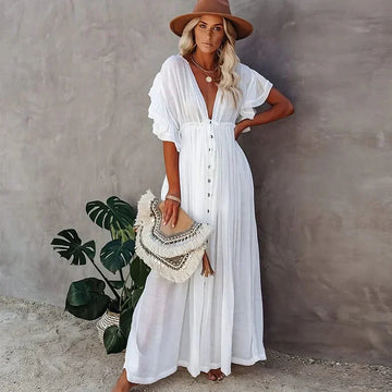 Cotton Blend Puff Sleeve Loose Maxi Dress
