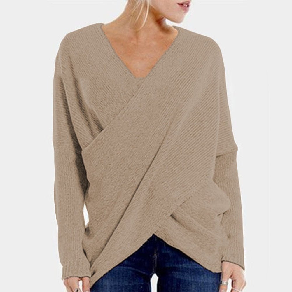 Ribbed Knit Crossover V-Neck Pullover