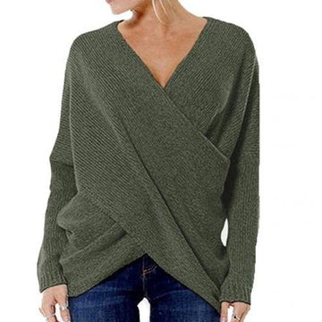 Ribbed Knit Crossover V-Neck Pullover