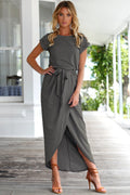 Women's Maxi Dress - Asymmetric Design - Short Sleeve - High Slit - With Belt