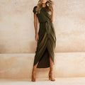 Women's Maxi Dress - Asymmetric Design - Short Sleeve - High Slit - With Belt