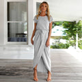 Women's Maxi Dress - Asymmetric Design - Short Sleeve - High Slit - With Belt