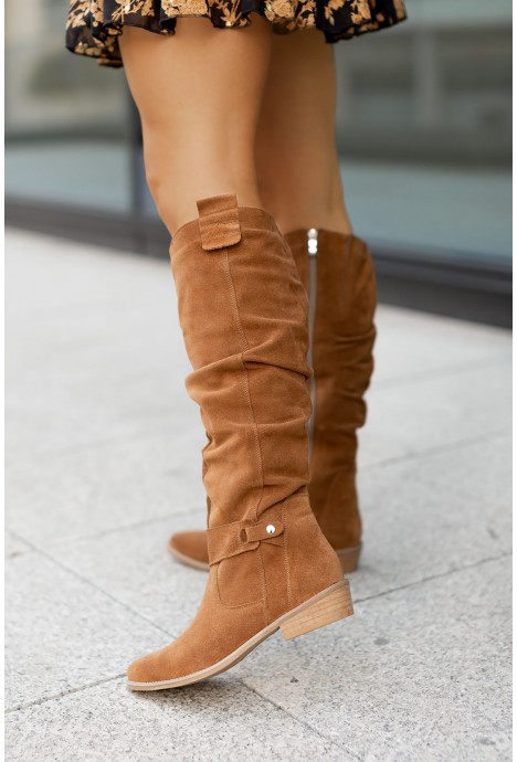 Women's Knee-High Boots – Suede – Low Heel – Zipper – Buckle Detail