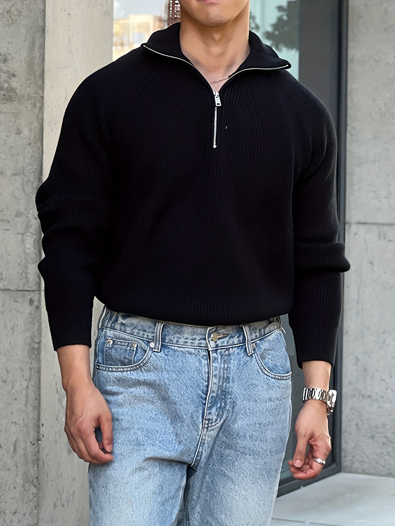 Men's Knit Sweater - Half Zipper - High Collar - Long-Sleeved Rib Knit