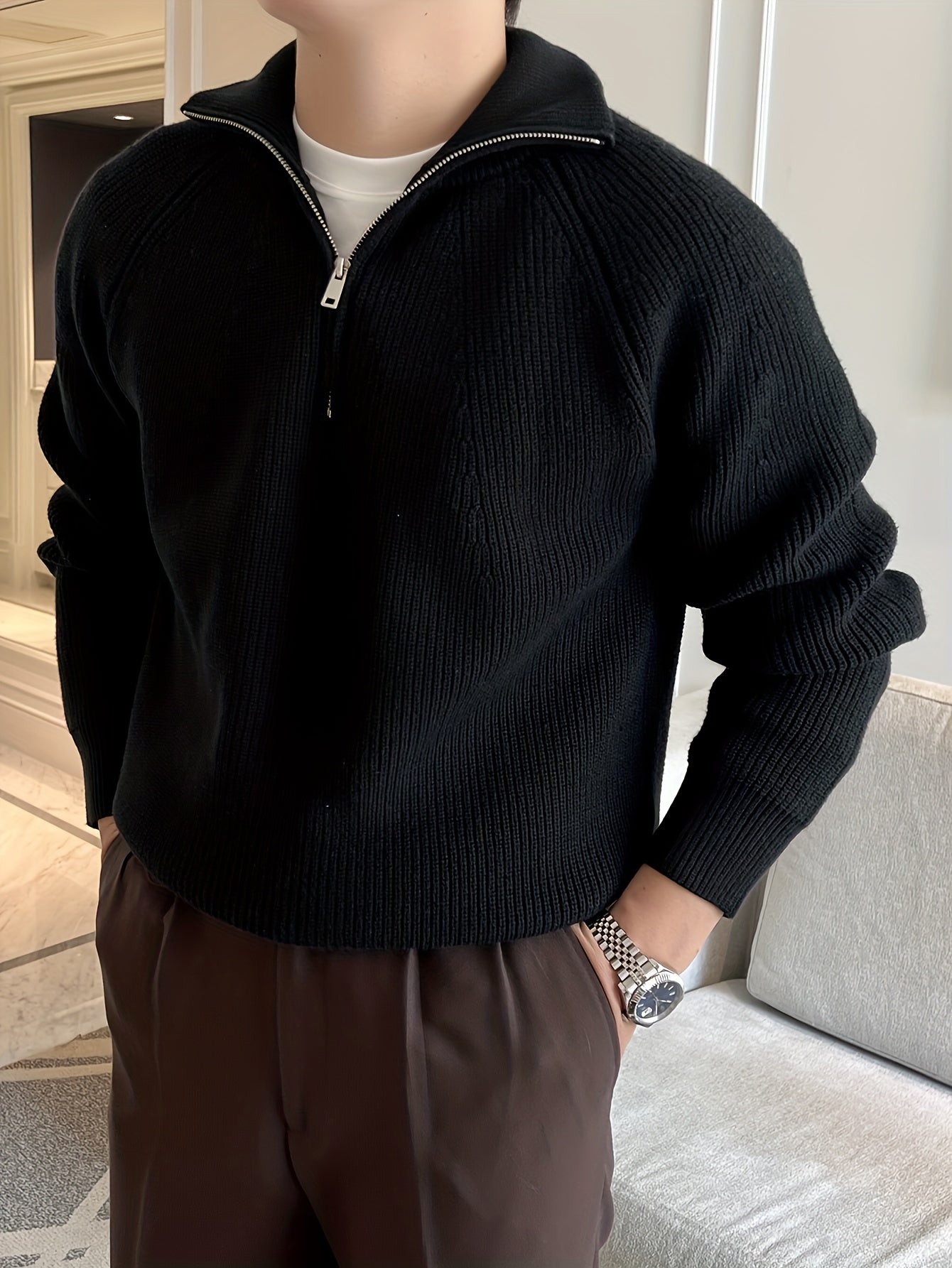 Men's Knit Sweater - Half Zipper - High Collar - Long-Sleeved Rib Knit