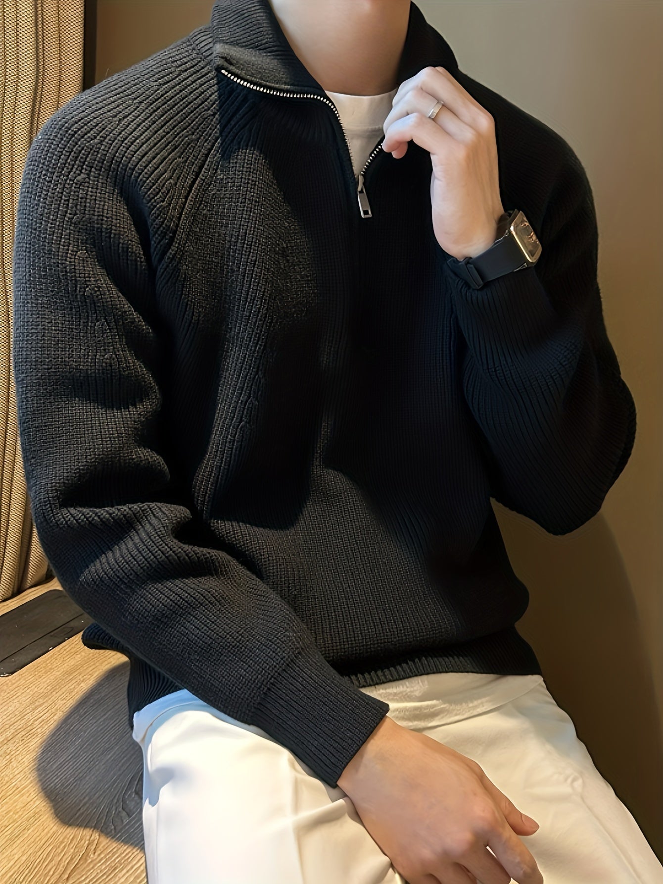 Men's Knit Sweater - Half Zipper - High Collar - Long-Sleeved Rib Knit