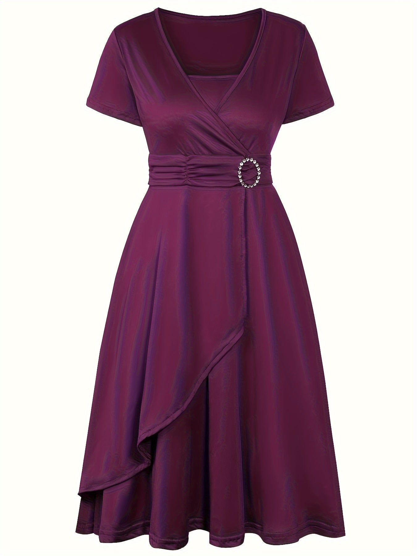 Women's Dress - Wrap Design with V-Neck - Short Sleeves - Elegant Waist Detail
