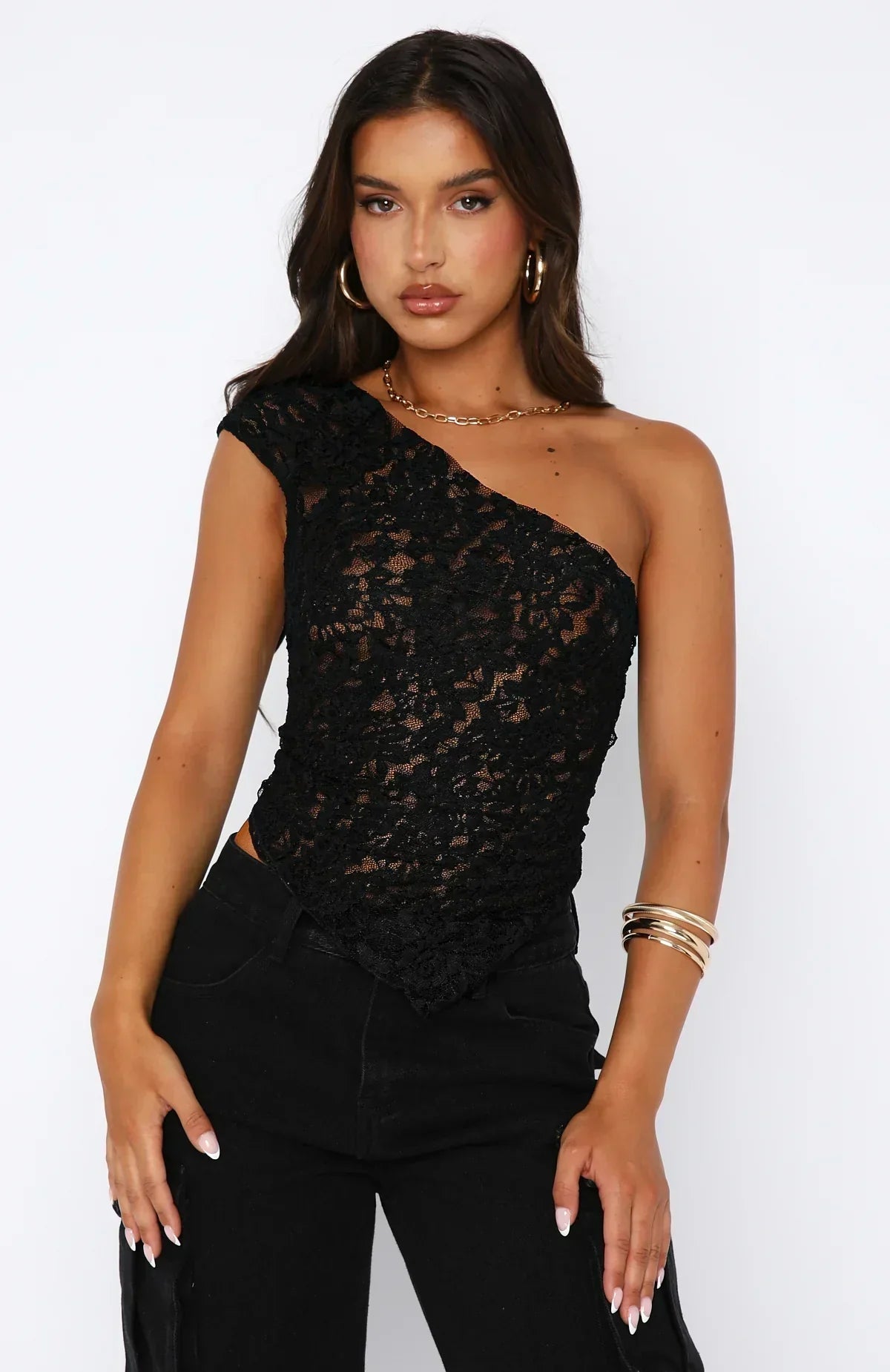 Women's Lace Top – One Shoulder – Fitted – Asymmetric Hem – Cropped Cut