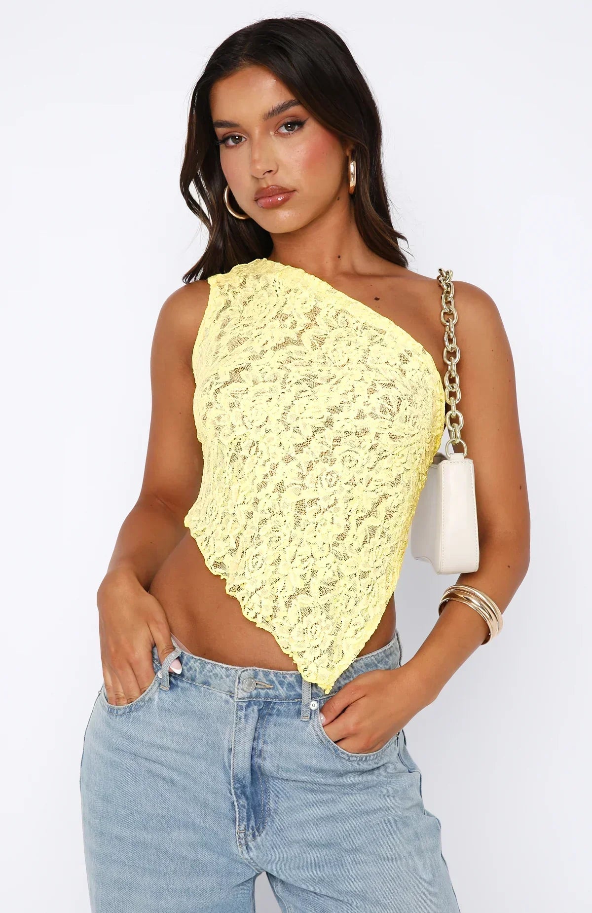 Women's Lace Top – One Shoulder – Fitted – Asymmetric Hem – Cropped Cut