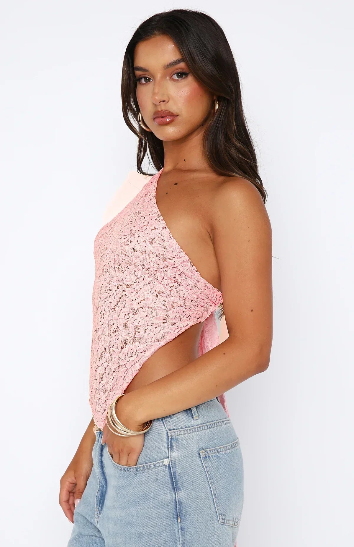 Women's Lace Top – One Shoulder – Fitted – Asymmetric Hem – Cropped Cut