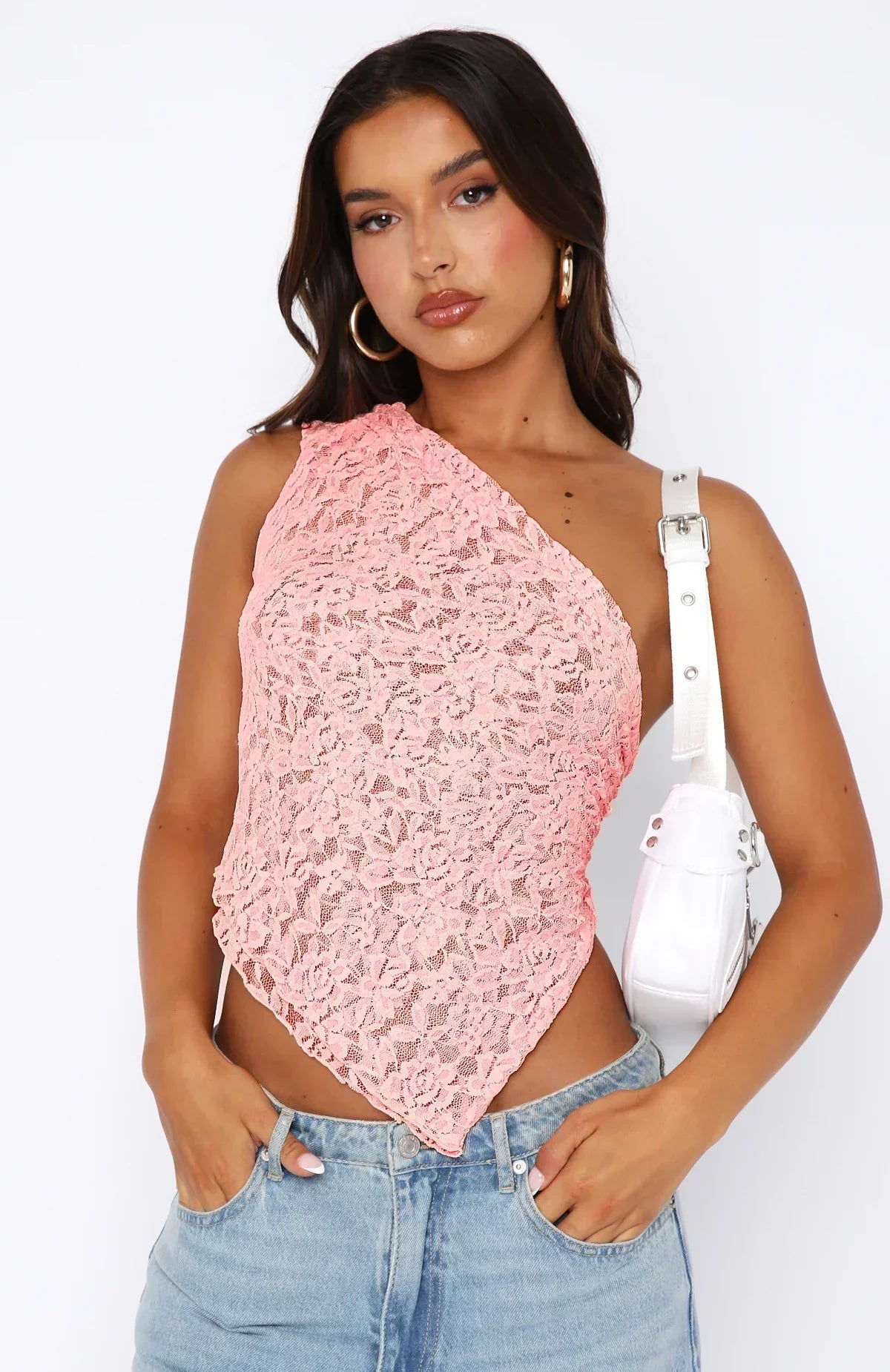 Women's Lace Top – One Shoulder – Fitted – Asymmetric Hem – Cropped Cut
