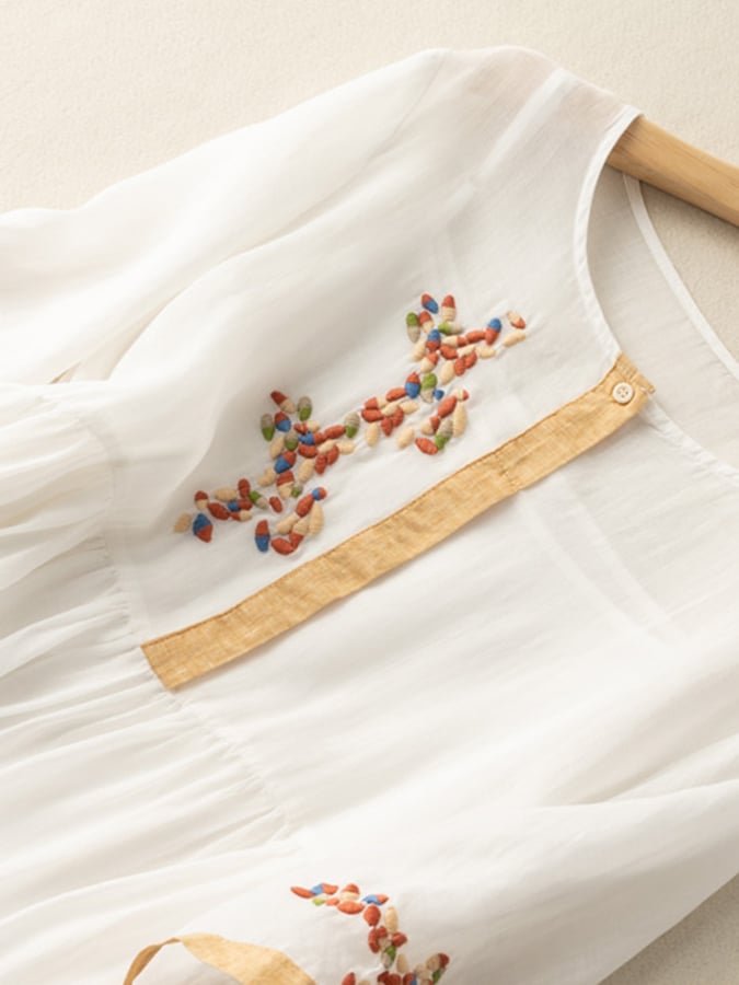 Women's Dress - Embroidered Cotton and Linen - Loose Fit - Button Closure - 3/4 Sleeves