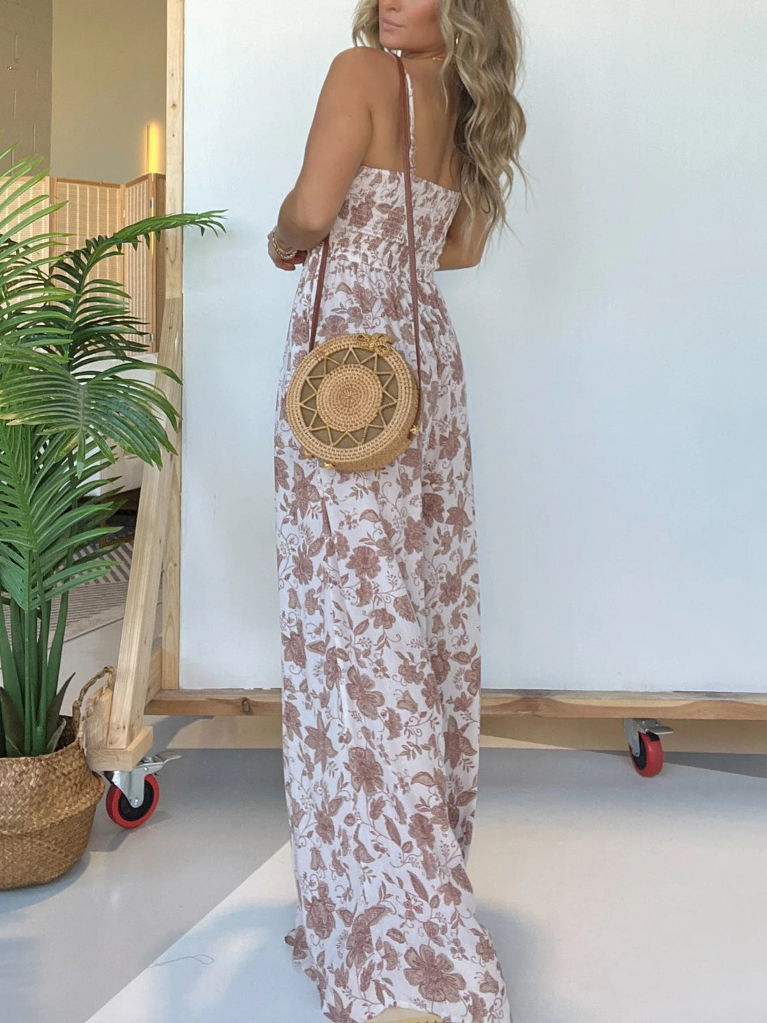 Pocket Smocked Floral Print Maxi Dress