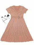 Women's Dress - Wrap Design with V-Neck - Short Sleeves - Elegant Waist Detail