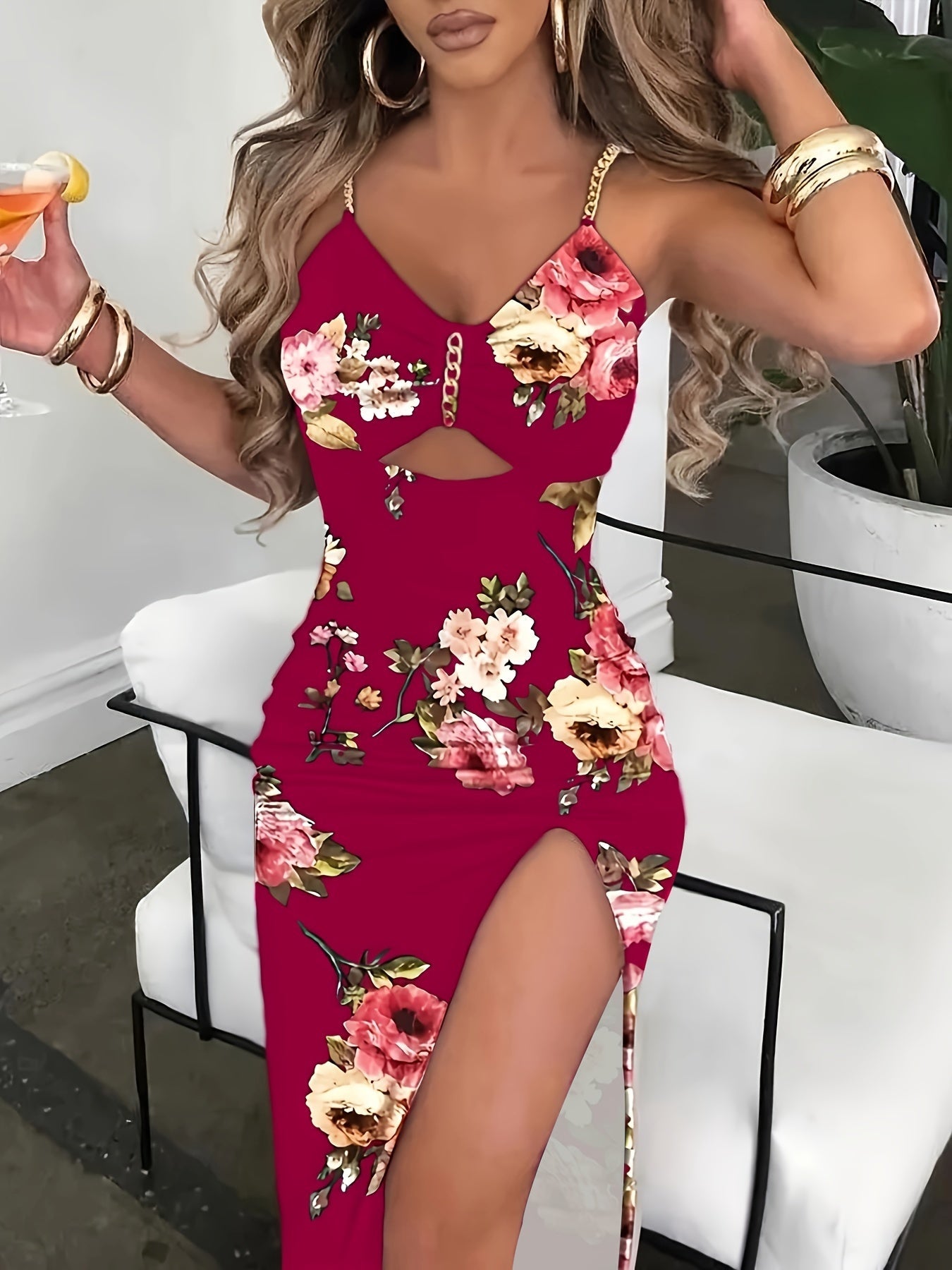 Women's Bodycon Dress - Floral Print - Cut-Out Design - Chain Straps - High Slit