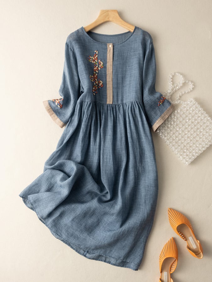 Women's Dress - Embroidered Cotton and Linen - Loose Fit - Button Closure - 3/4 Sleeves