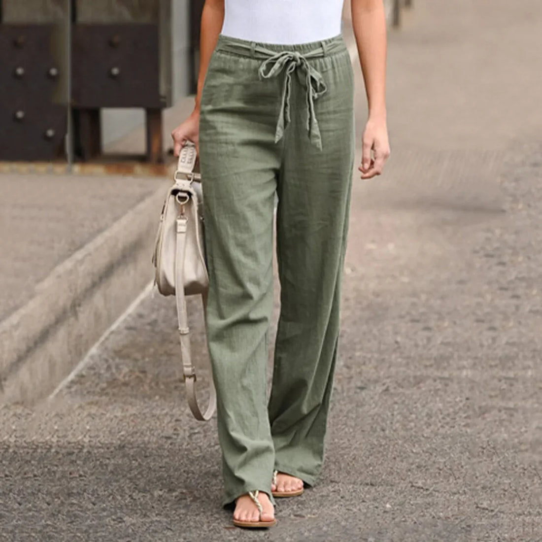 Tie-Belt Linen Blend Wide-Leg Trousers