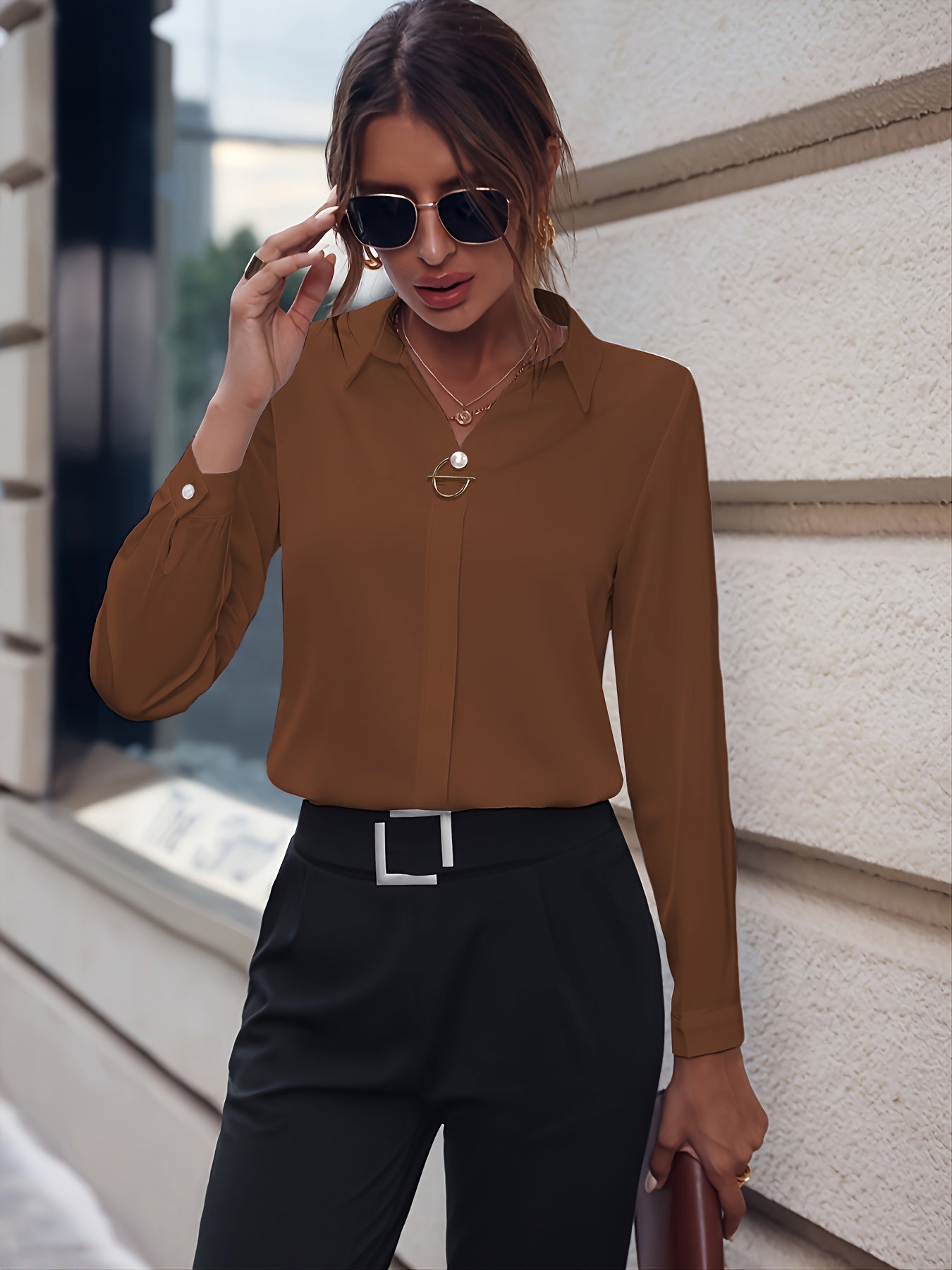 Women's Blouse - Shirt Collar - Hidden Button Closure - Elegant and Light - Long-Sleeved
