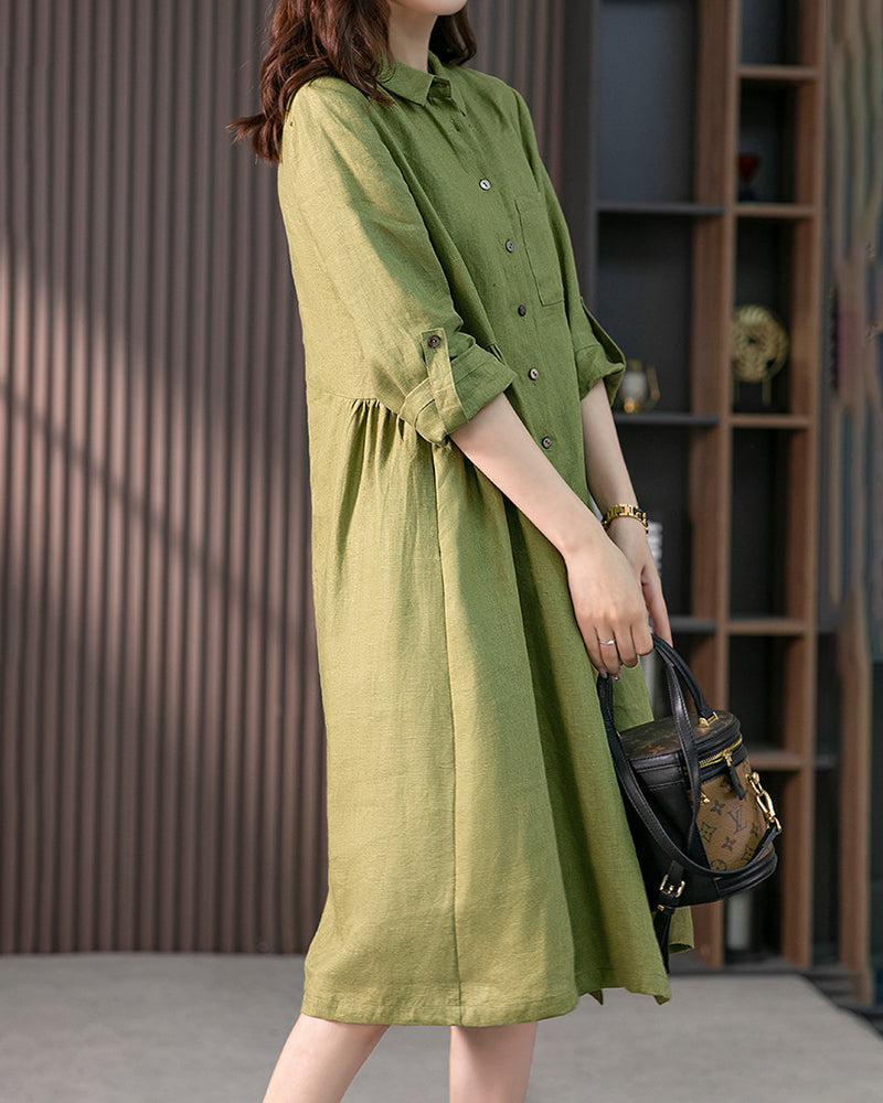Women's Shirt Dress - Knee-Length A-Line - Lightweight Fabric - 3/4 Sleeves with Buttons