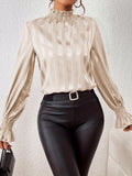 Women's Blouse - High Ruffle Collar - Long-Sleeved Smock Cuff - Glossy Satin Look