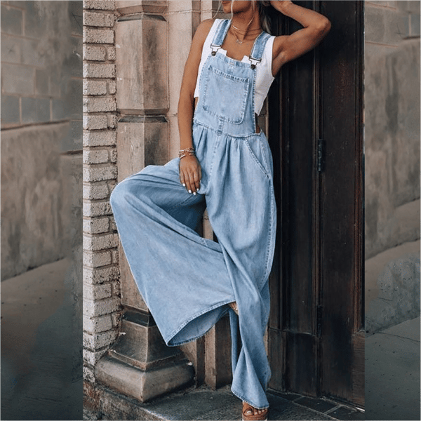 Women's Overalls in Denim - Adjustable Straps - Loose Fit - Wide Legs
