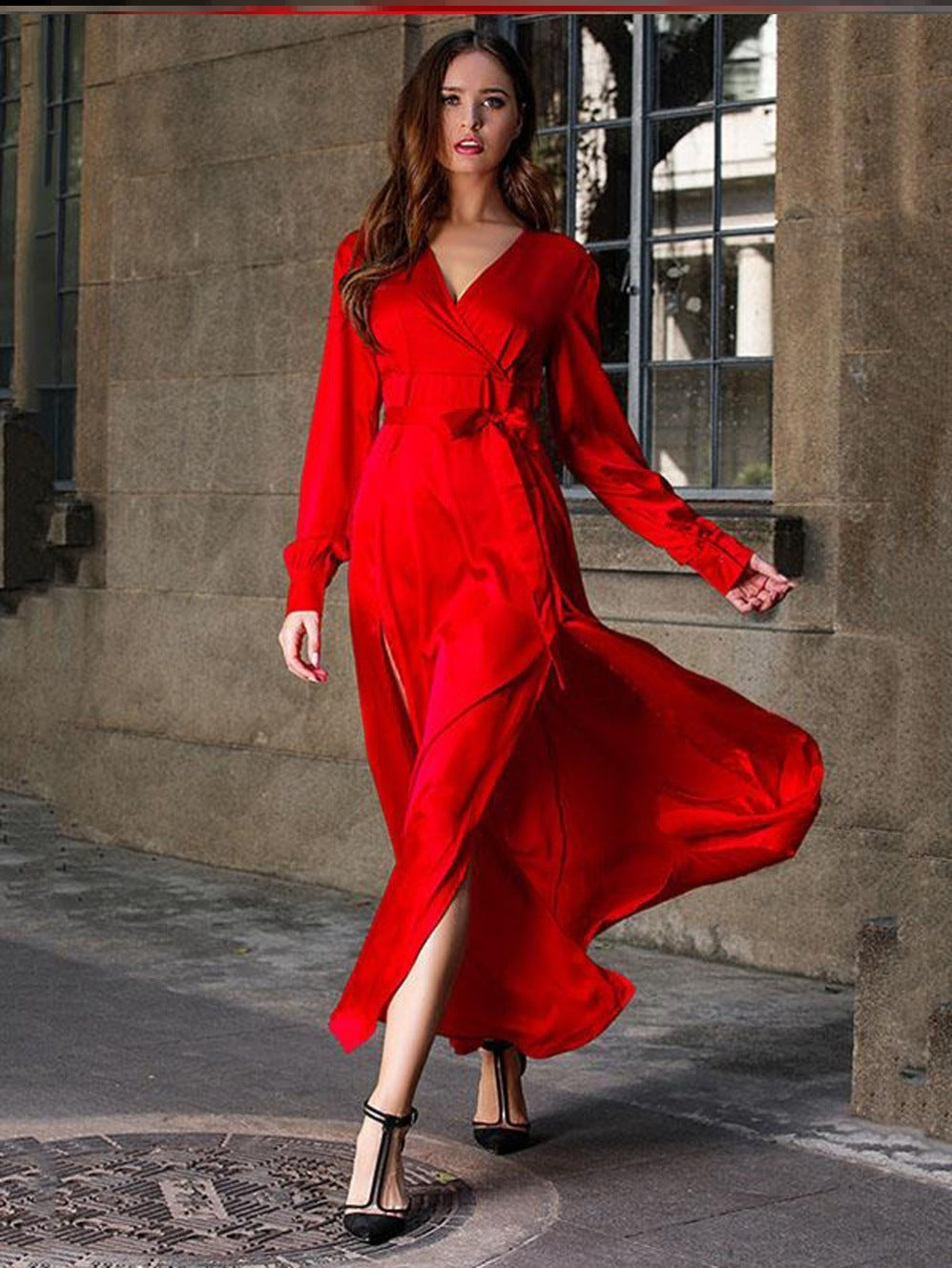 V-Neck Wrap High Slit Maxi Dress