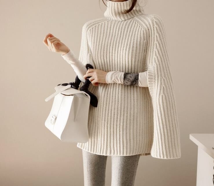 Ribbed Knit Oversized Turtleneck Cape Sweater