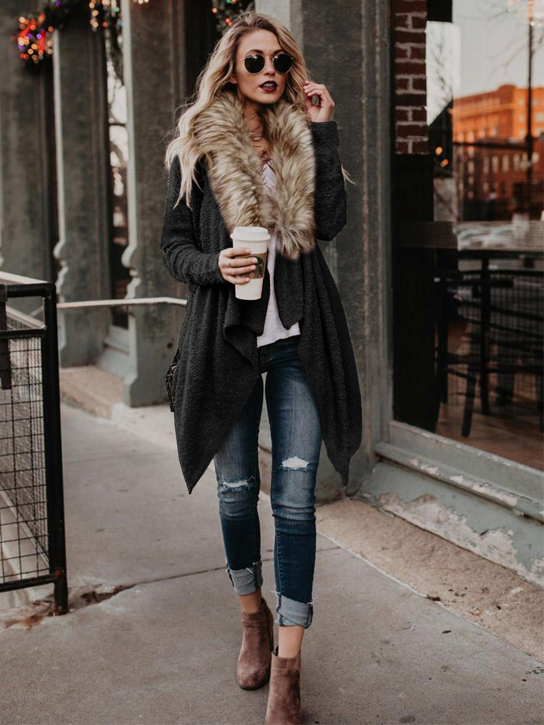 Faux Fur Collar Relaxed Fit Cardigan Jacket