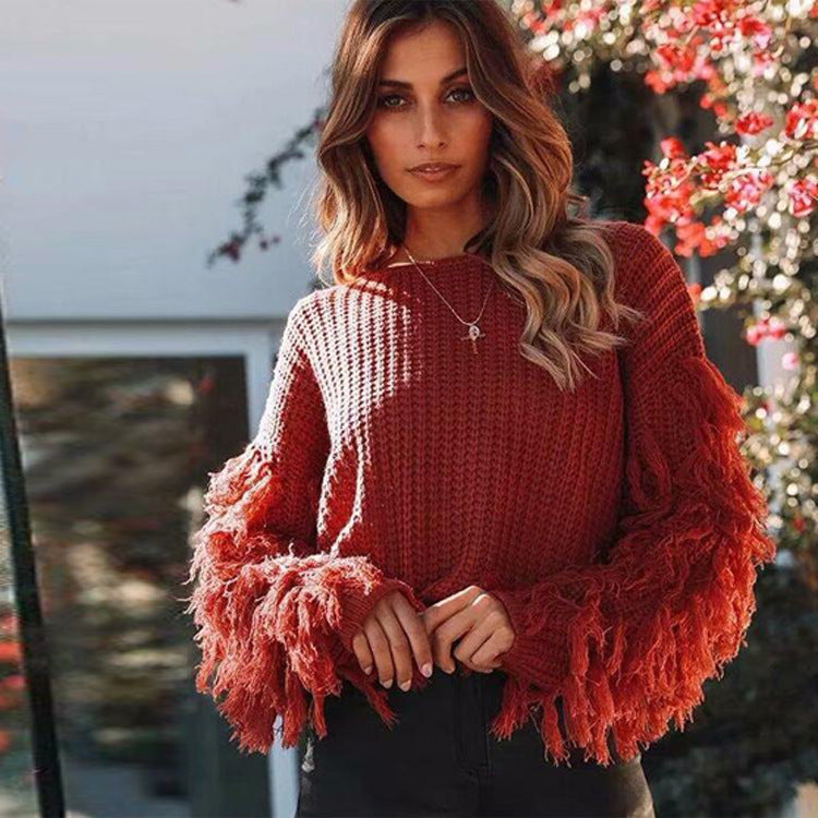 Fringe Sleeve Chunky Knit Relaxed Sweatshirt