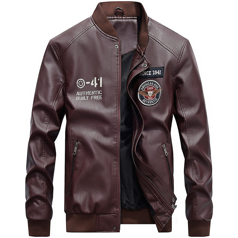 Structured Embroidered Baseball Collar Leather Jacket