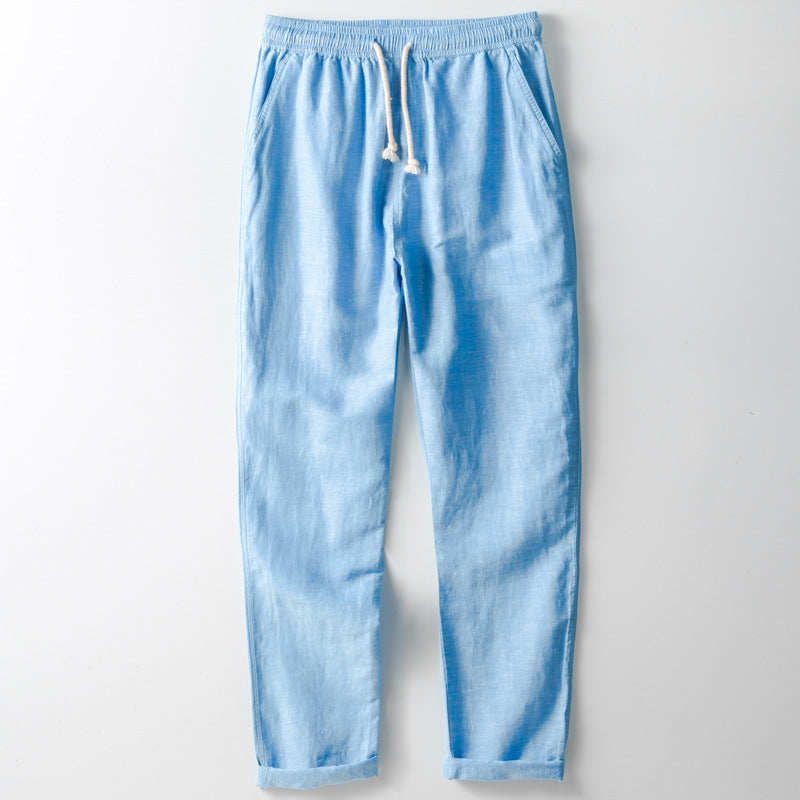 Men's Trousers – Linen Blend – Loose Fit – Straight Legs – Elastic Waist with Drawstring