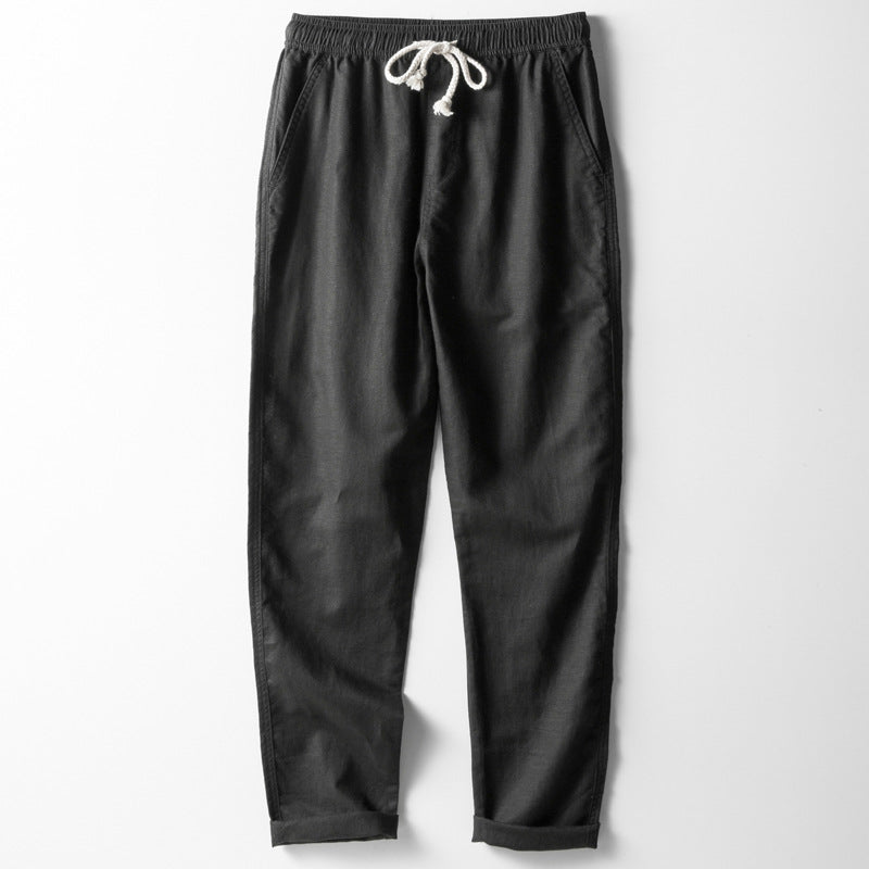 Men's Trousers – Linen Blend – Loose Fit – Straight Legs – Elastic Waist with Drawstring